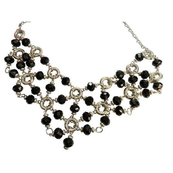 DRAPING Black Bead and Silver Tone Ring NECKLACE 21" - Picture 3 of 7